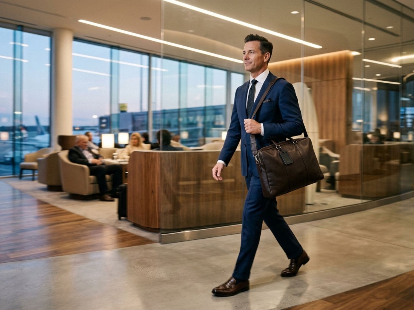 Lightweight Italian wool suit hanging in a hotel bathroom to remove travel wrinkles with steam – proper suit care for business travel and destination events